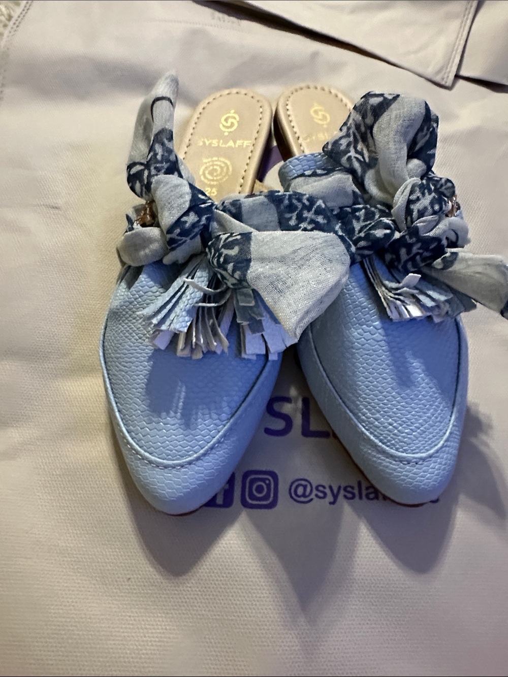 Light Blue Scarf-Trim Slip-On Loafers